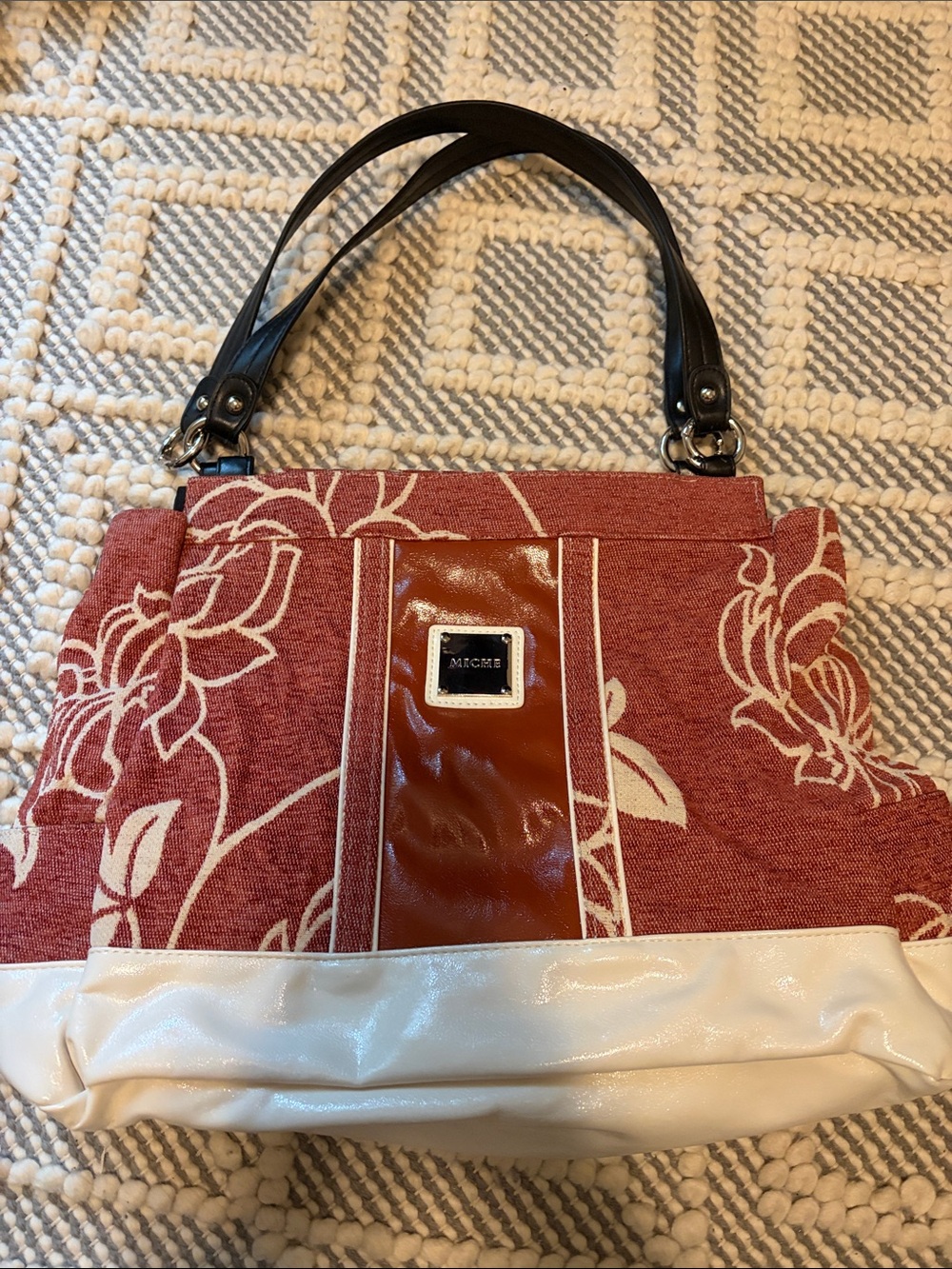 Miche Red Floral Shoulder Bag with Cream Trim and Black Handles